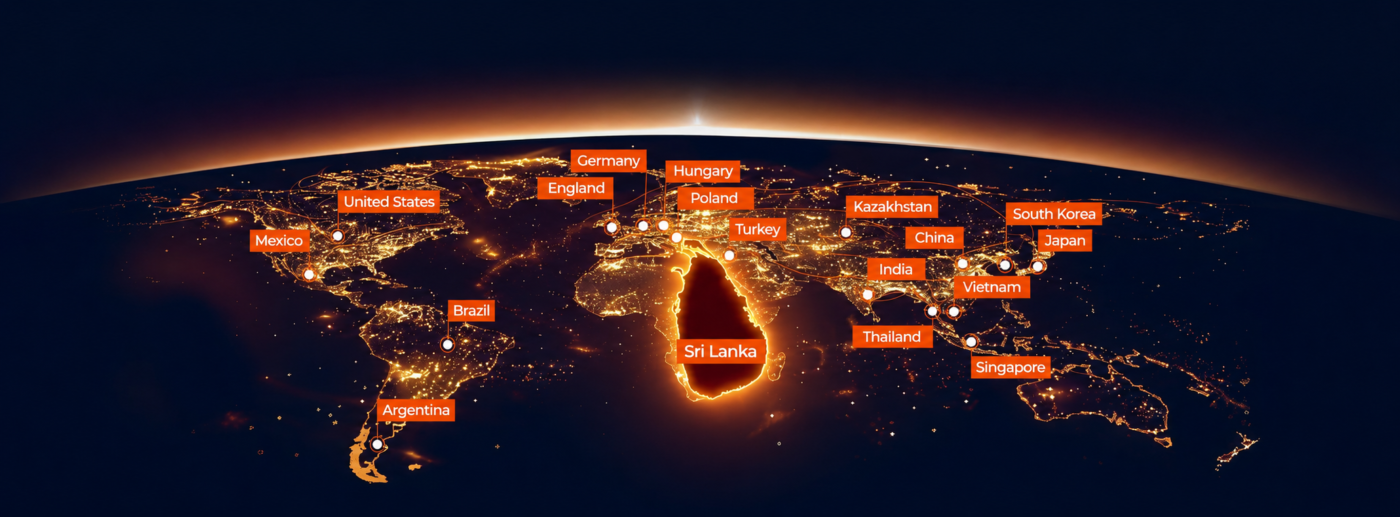 World map highlighting Sri Lanka and global Bodor locations with glowing country markers.